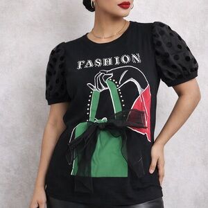 Love & Lace Black Fashion Graphic Top Sheer Polka Dot Puff Sleeve Size M NWT